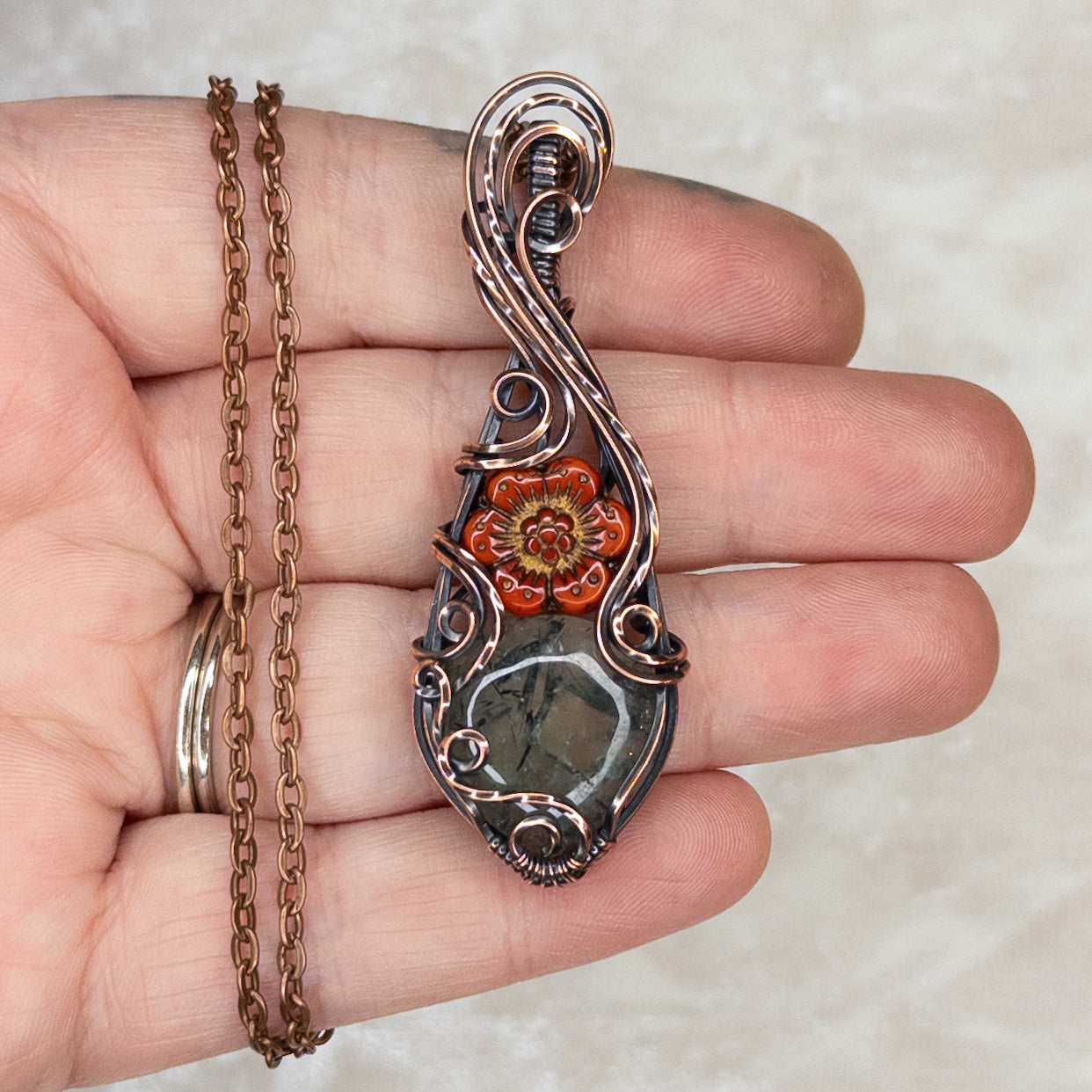 Prehnite & Czech Glass Flower Antiqued Copper Pendant