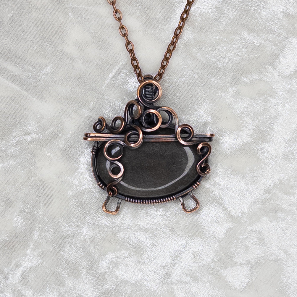 Silver Sheen Obsidian “Bubbling Cauldron” Antiqued Copper Pendant