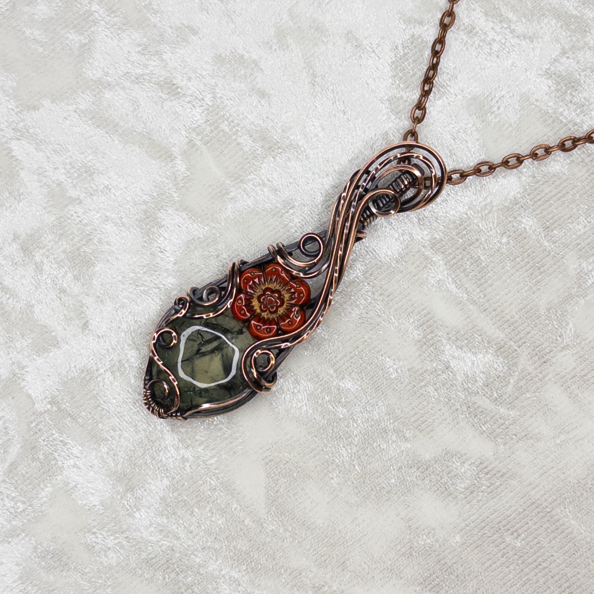 Prehnite & Czech Glass Flower Antiqued Copper Pendant