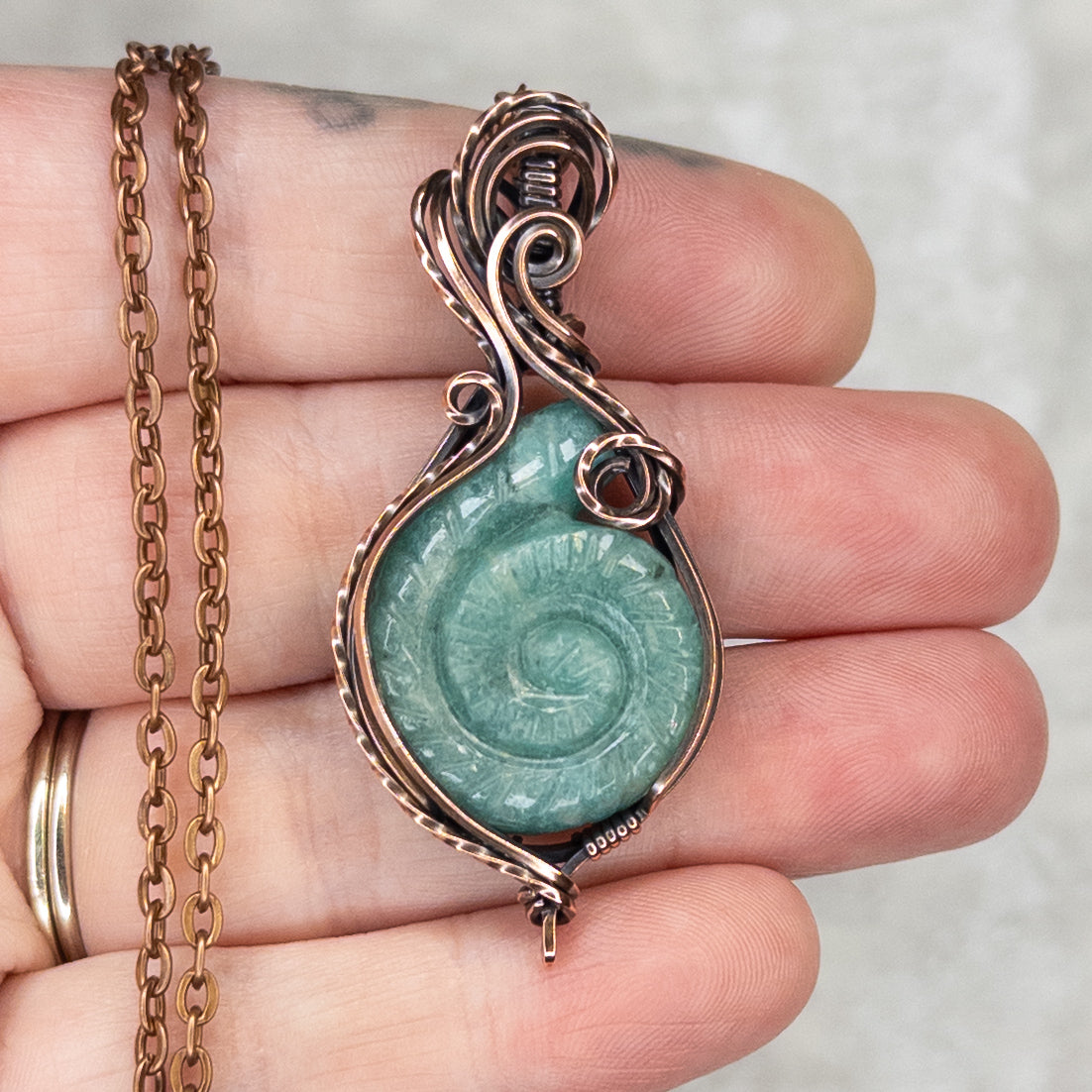 Carved Amazonite Shell Antiqued Copper Pendant
