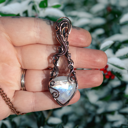 Rainbow Moonstone & Rose Cut Quartz Antiqued Copper Pendant