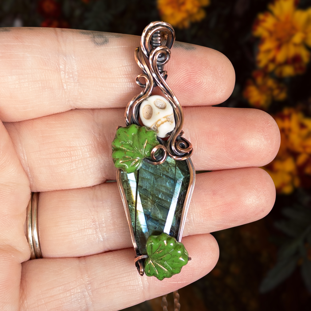 Labradorite Coffin & Skull Antiqued Copper Pendant With Czech Glass Leaves
