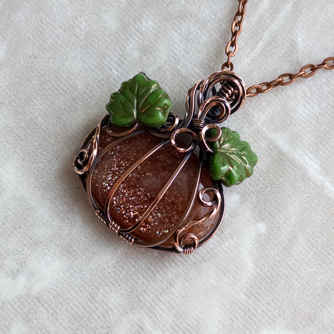 Confetti Sunstone Antiqued Copper Pumpkin Pendant With Czech Glass Leaves