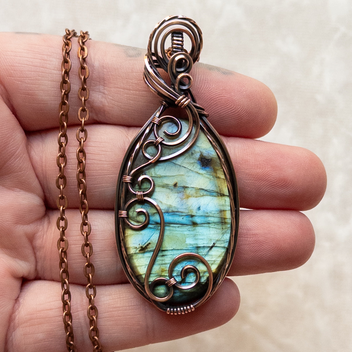 Swirly Labradorite Antiqued Copper Pendant
