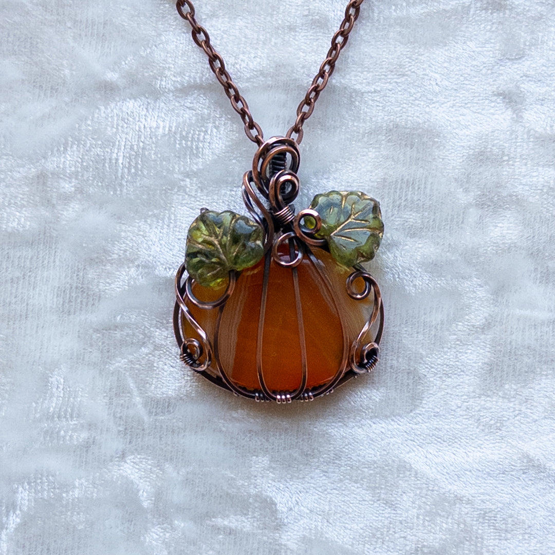 Orange Agate Pumpkin Pendant Witch Czech Glass Leaves - Antiqued Copper