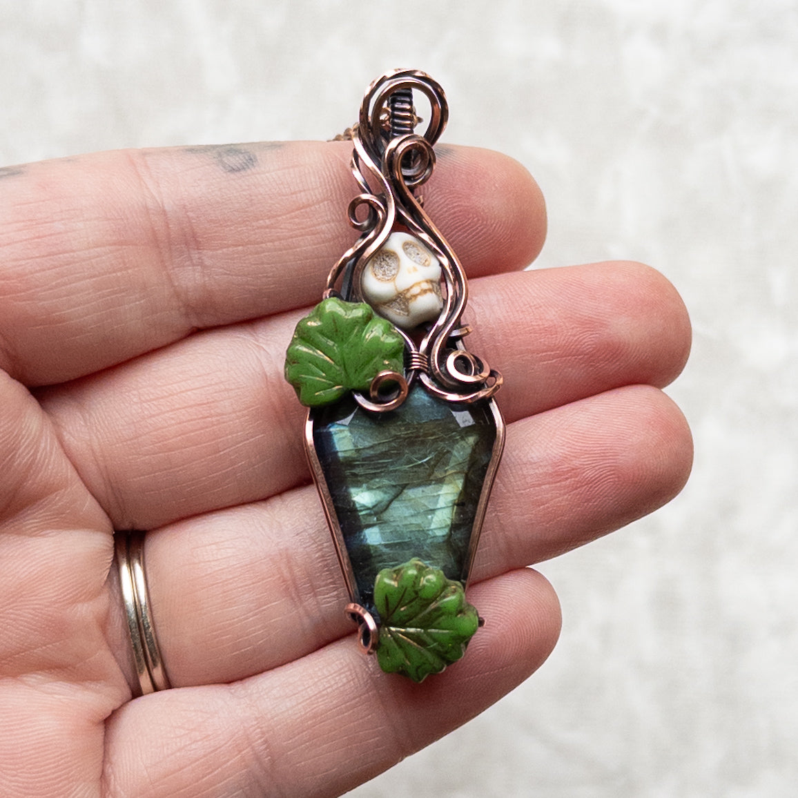 Labradorite Coffin & Skull Antiqued Copper Pendant With Czech Glass Leaves