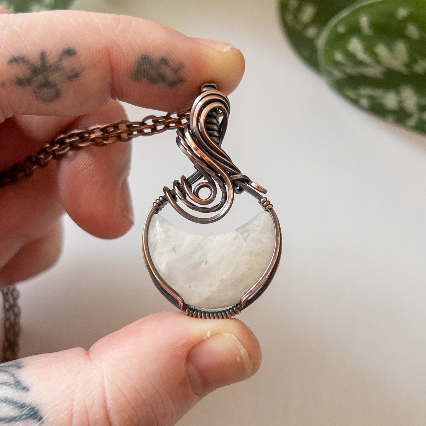 Moonstone Moon & Copper Wrapped Pendant