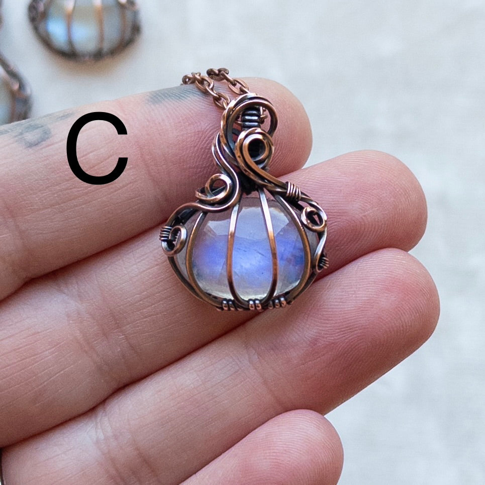 Mini Moonstone Antiqued Copper Pumpkin Pendant