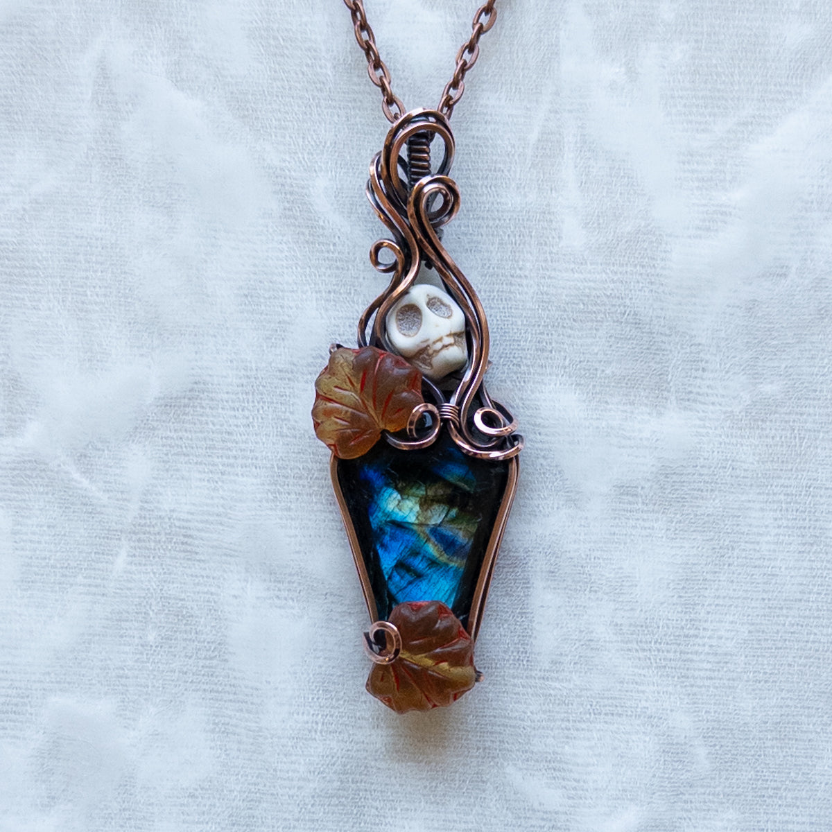 Labradorite Coffin & Skull Antiqued Copper Pendant With Czech Glass Leaves