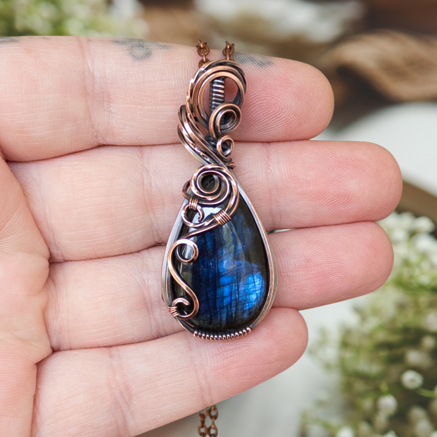 Dark Blue Labradorite Antiqued Copper Pendant