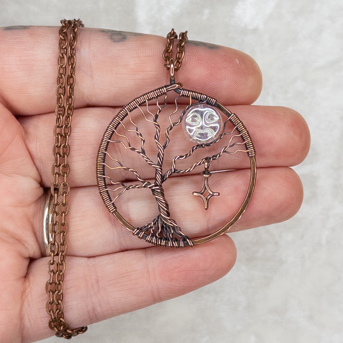 “Moon In The Tree” Antiqued Copper Pendant With Iridescent Czech Glass Bead