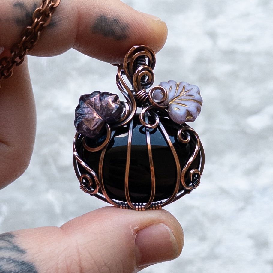 Black Onyx Pumpkin Pendant With Purple Czech Glass Leaves - Antiqued Copper