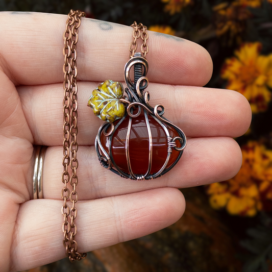 Red Carnelian Antiqued Copper Pumpkin Pendant With Czech Glass Leaf