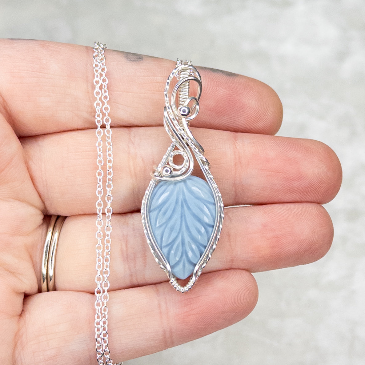 Blue Opal Carved Leaf Sterling Silver Pendant