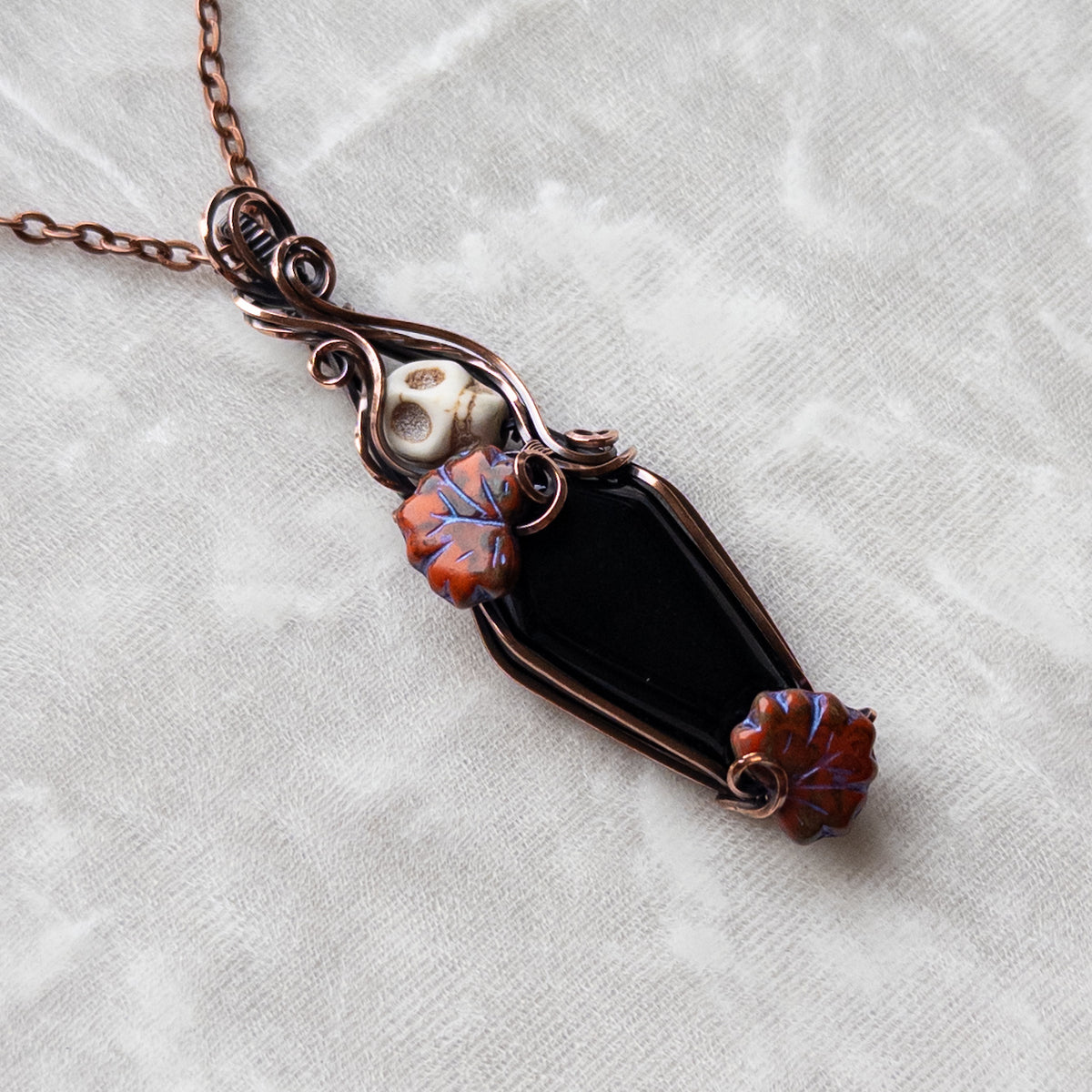 Obsidian Coffin & Skull Antiqued Copper Pendant With Czech Glass Leaves