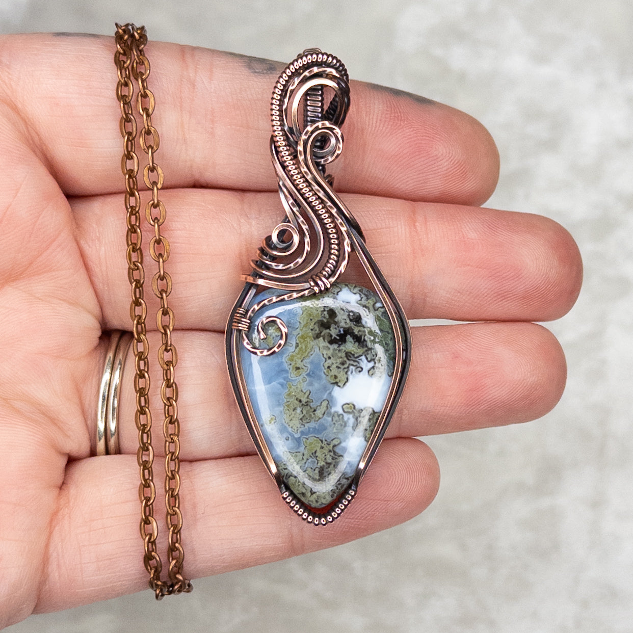 Mossy Blue Opal Antiqued Copper Pendant