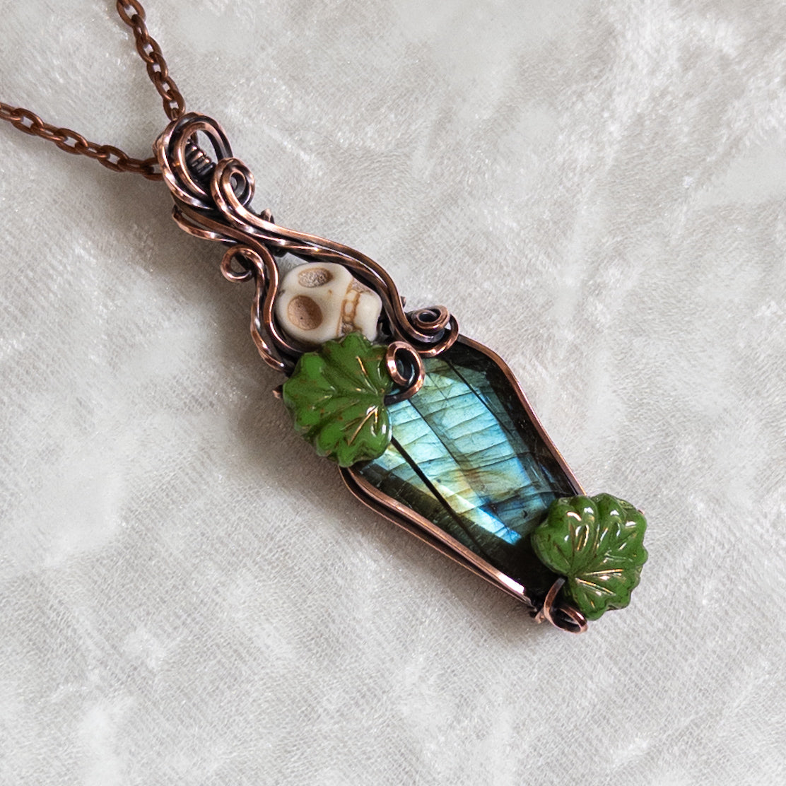 Labradorite Coffin & Skull Antiqued Copper Pendant With Czech Glass Leaves