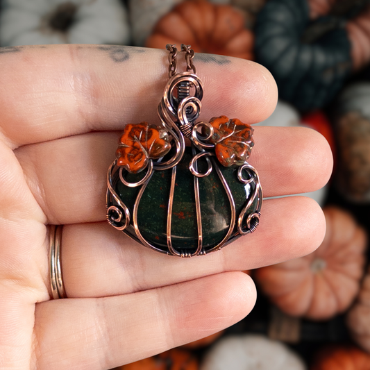 Bloodstone Pumpkin Pendant Witch Czech Glass Leaves - Antiqued Copper
