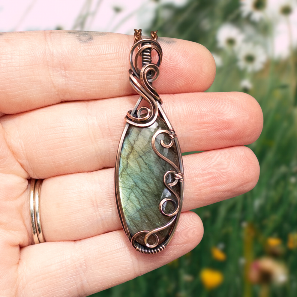 Green & Blue Labradorite Antiqued Copper Pendant
