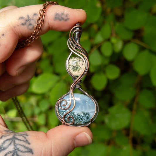 Mossy Blue Opal & Ocean Jasper Copper Wrapped Pendant