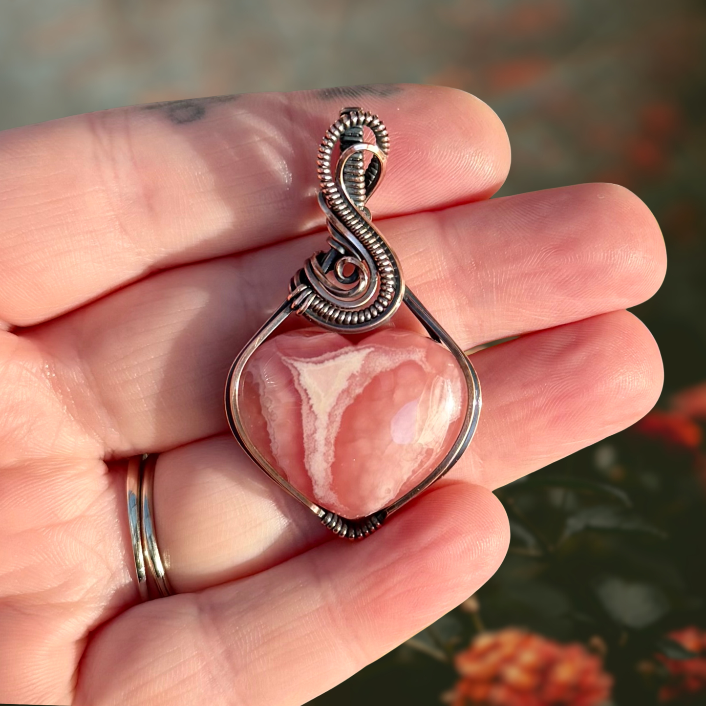 Rhodochrosite Heart Antiqued Copper Pendant