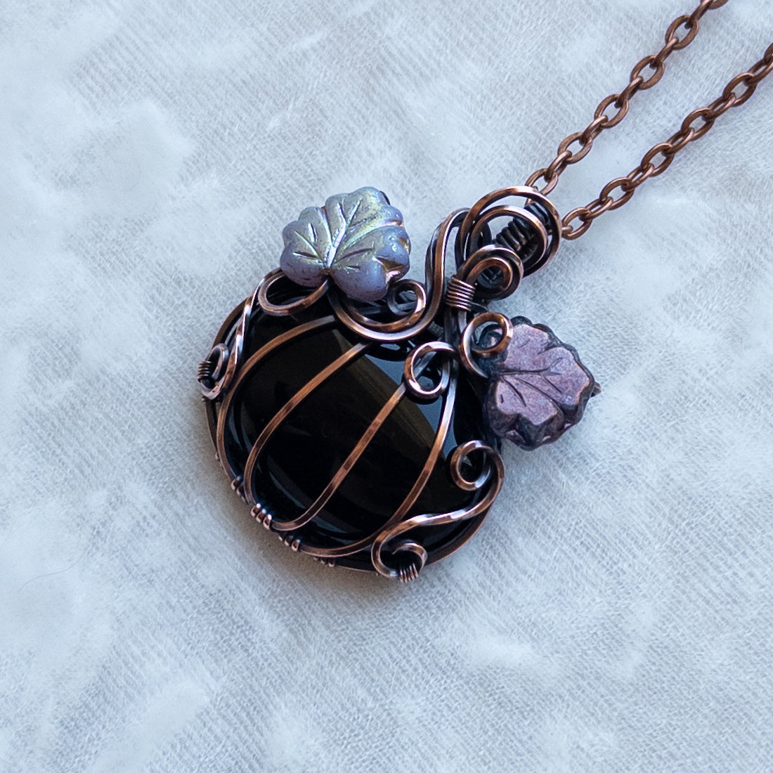 Black Onyx Antiqued Copper Pumpkin Pendant With Purple Leaves