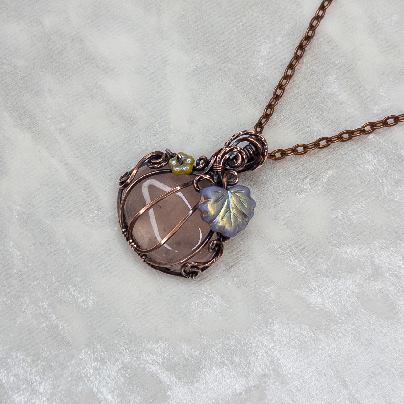 “Fairy Pumpkin” Rose Quartz Antiqued Copper Pumpkin Pendant With Iridescent Czech Glass Leaf & Blossom