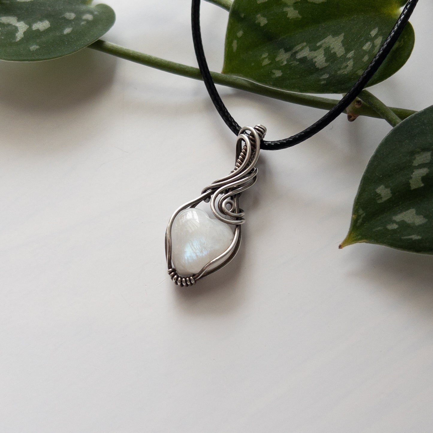 Mini Moonstone Heart & Sterling Silver Wrapped Pendant - A