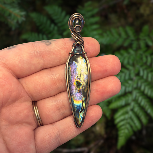 “Lightning Storm” Labradorite & Paraiba Apatite Antiqued Copper Wrapped Pendant