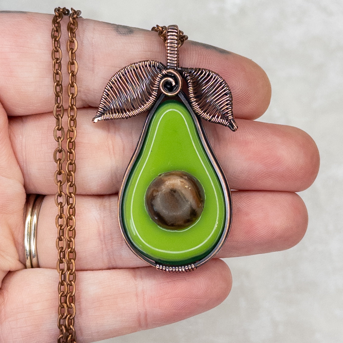 Glass Avocado Antiqued Copper Pendant
