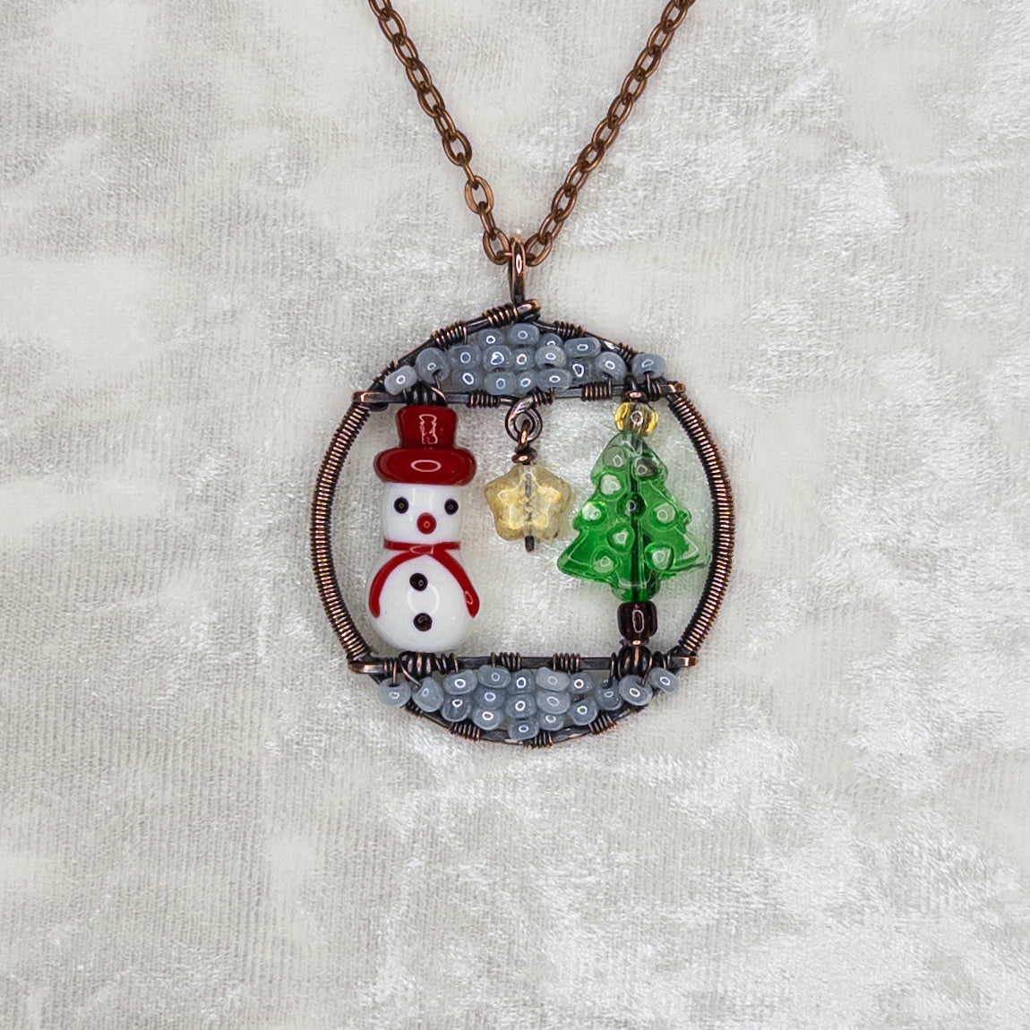 Extra Special Imperfect Winter Scene Copper Wrapped Pendant Featuring Festive Glass Beads