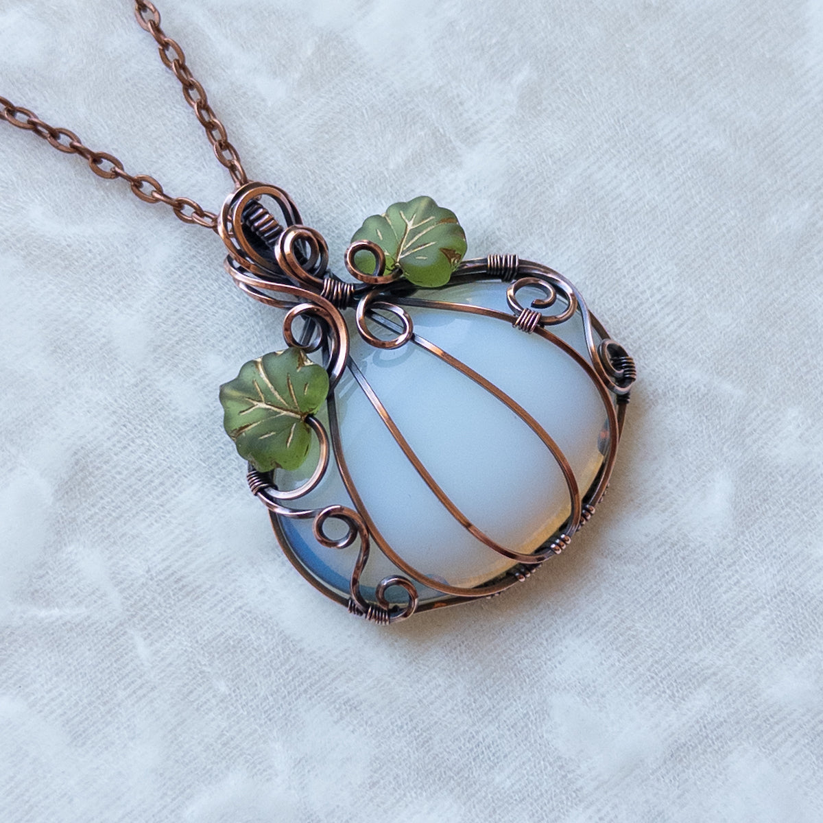 Opalite Glass Antiqued Copper Pumpkin Pendant With Czech Glass Leaves