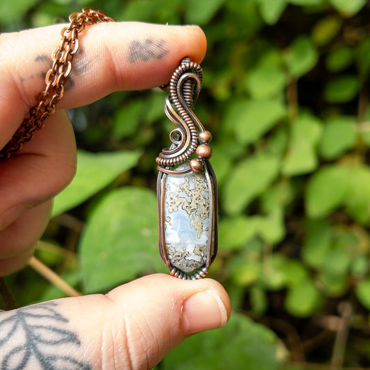 Marquise Mossy Blue Opal Copper Wrapped Pendant