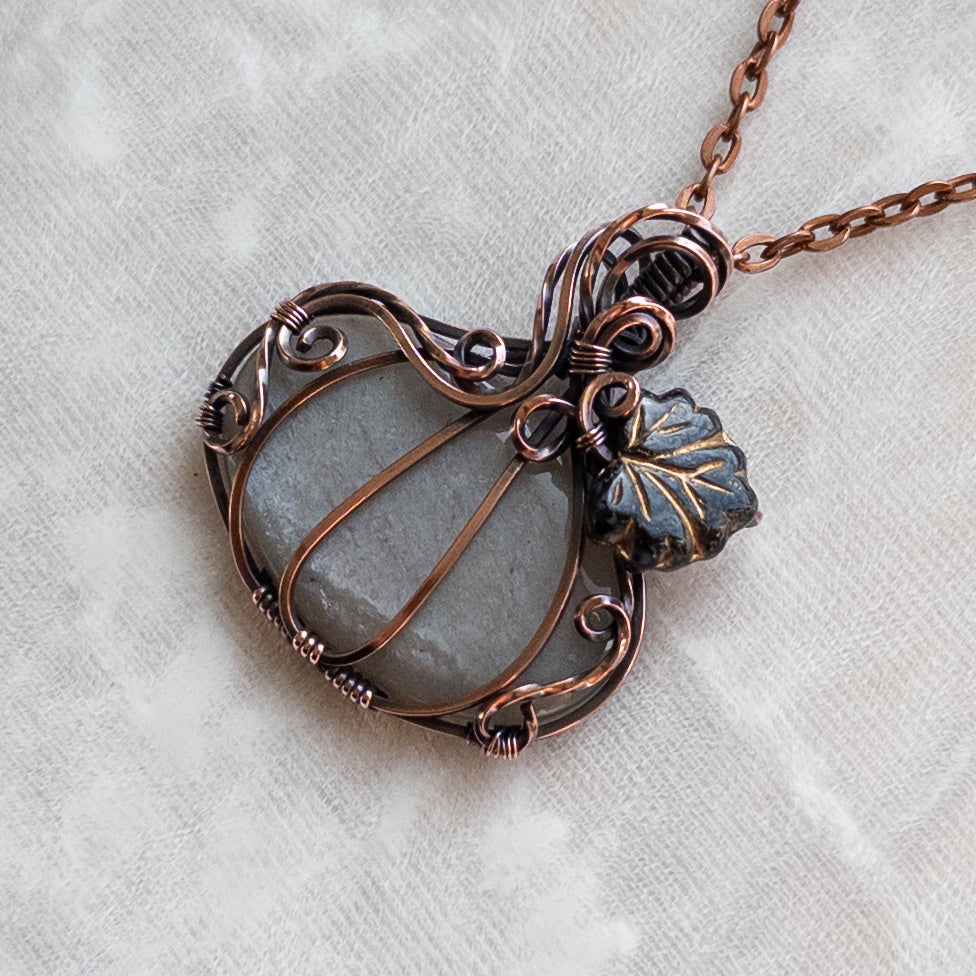 Grey Moonstone Antiqued Copper Pumpkin Pendant With Czech Glass Leaf