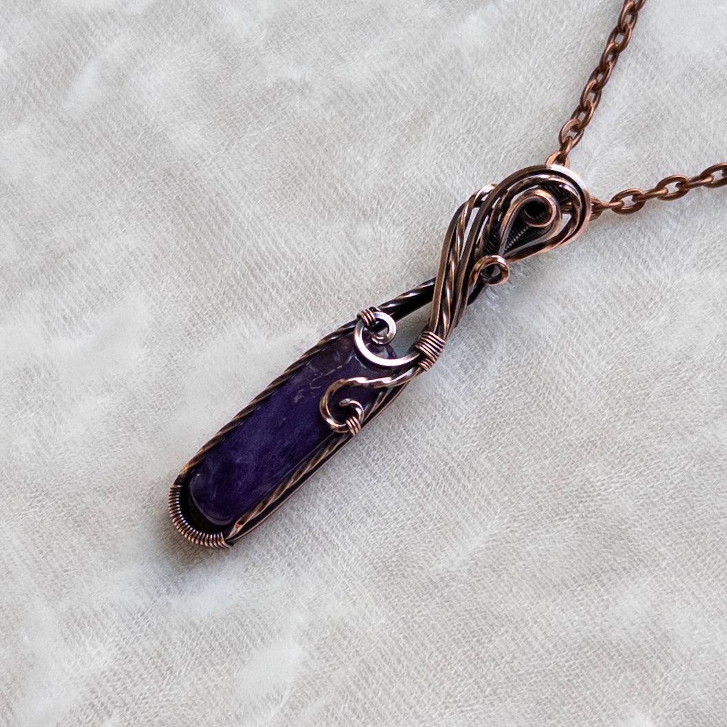 Dainty Charoite Antiqued Copper Pendant
