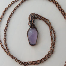 Load image into Gallery viewer, Lavender Chalcedony Faceted Coffin Antiqued Copper Wrapped Pendant
