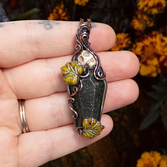 African Bloodstone With Pyrite  Coffin & Skull Antiqued Copper Pendant with Czech Glass Leaves