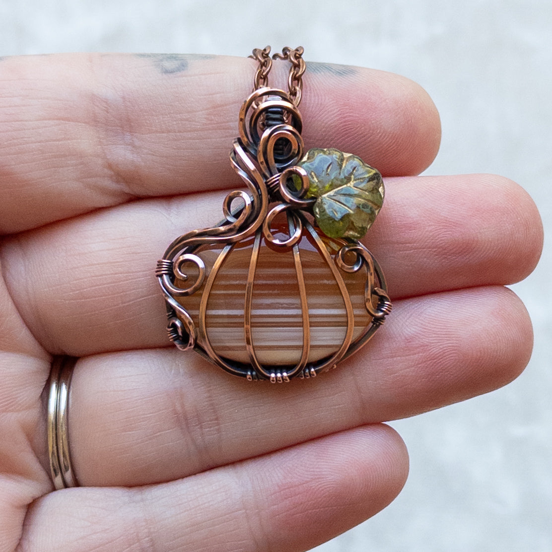 “Candy Corn” Banded Agate Antiqued Copper Pumpkin Pendant With Czech Glass Leaf