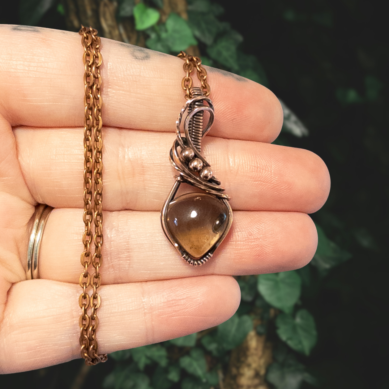 Dainty Smoky Quartz Antiqued Copper Pendant