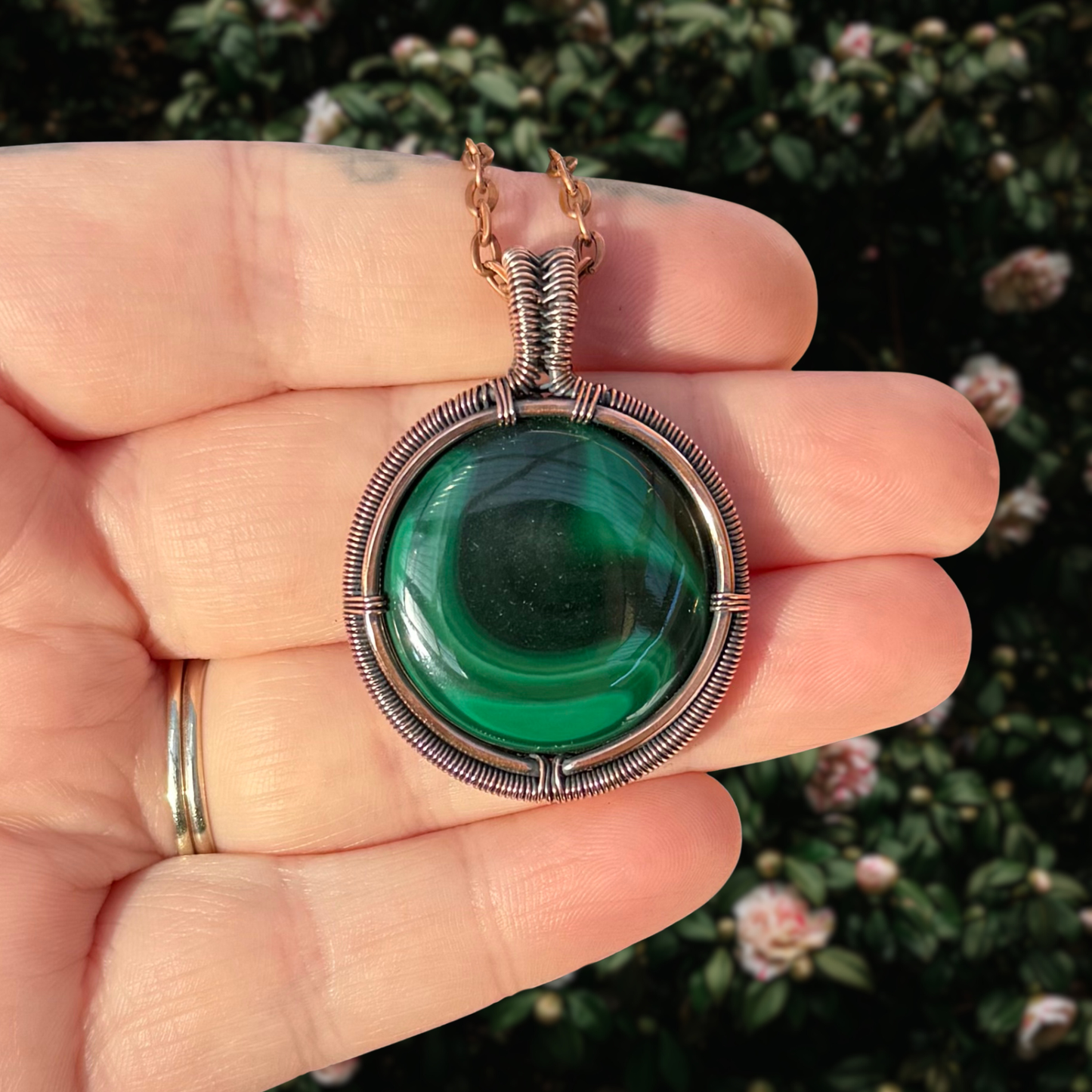 Malachite Antiqued Copper Medallion Pendant