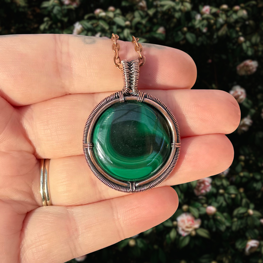 Malachite Antiqued Copper Medallion Pendant