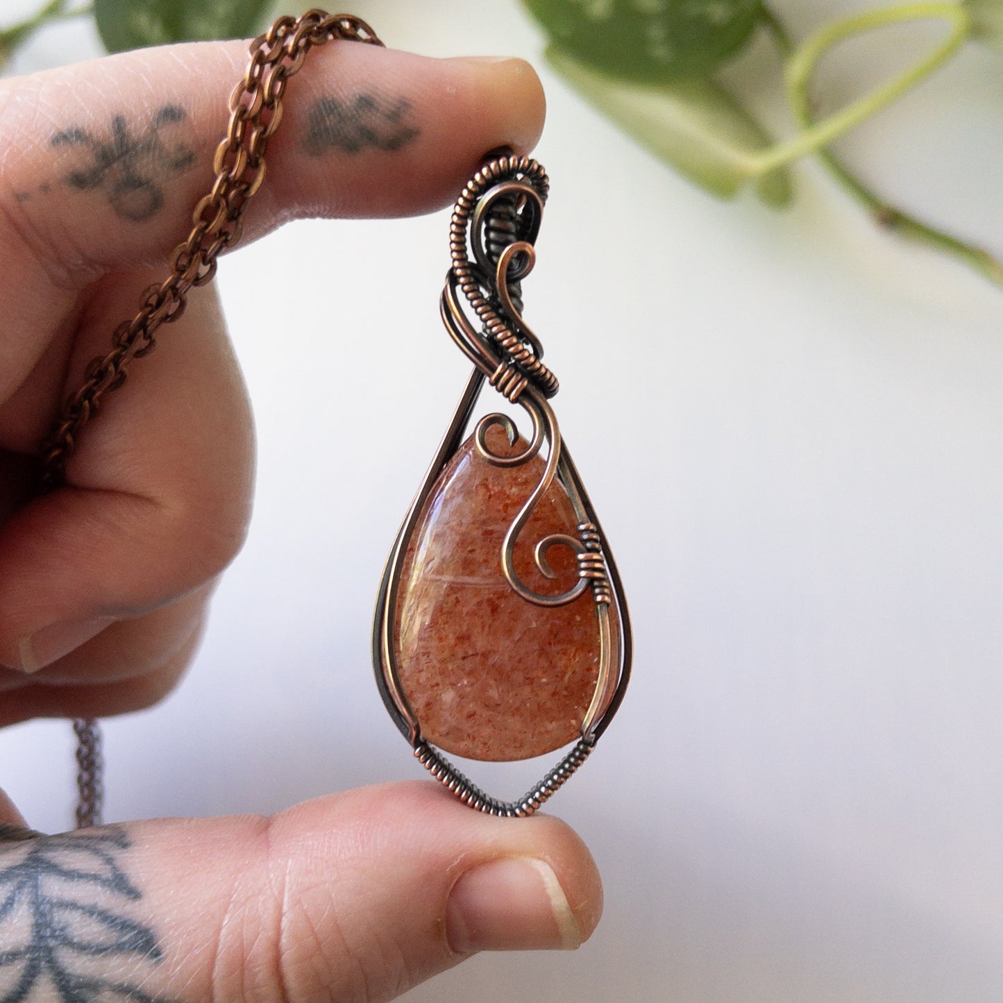 Sunstone & Antiqued Copper Wrapped Pendant