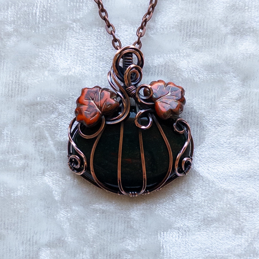Bloodstone Pumpkin Pendant Witch Czech Glass Leaves - Antiqued Copper
