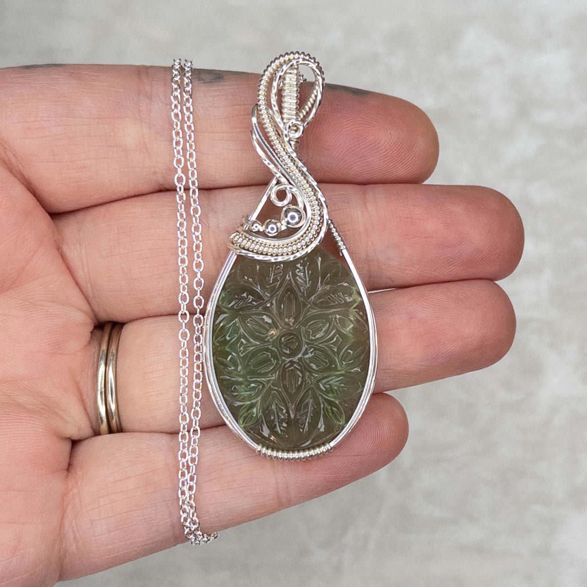 Floral Motif Carved Green Fluorite .925 Sterling Silver Pendant