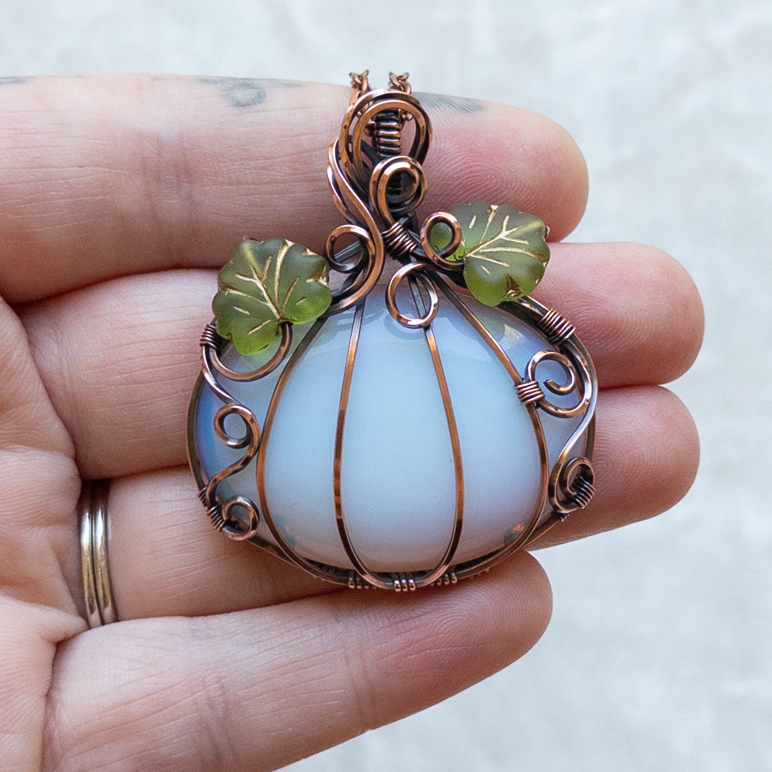 Opalite Glass Antiqued Copper Pumpkin Pendant With Czech Glass Leaves