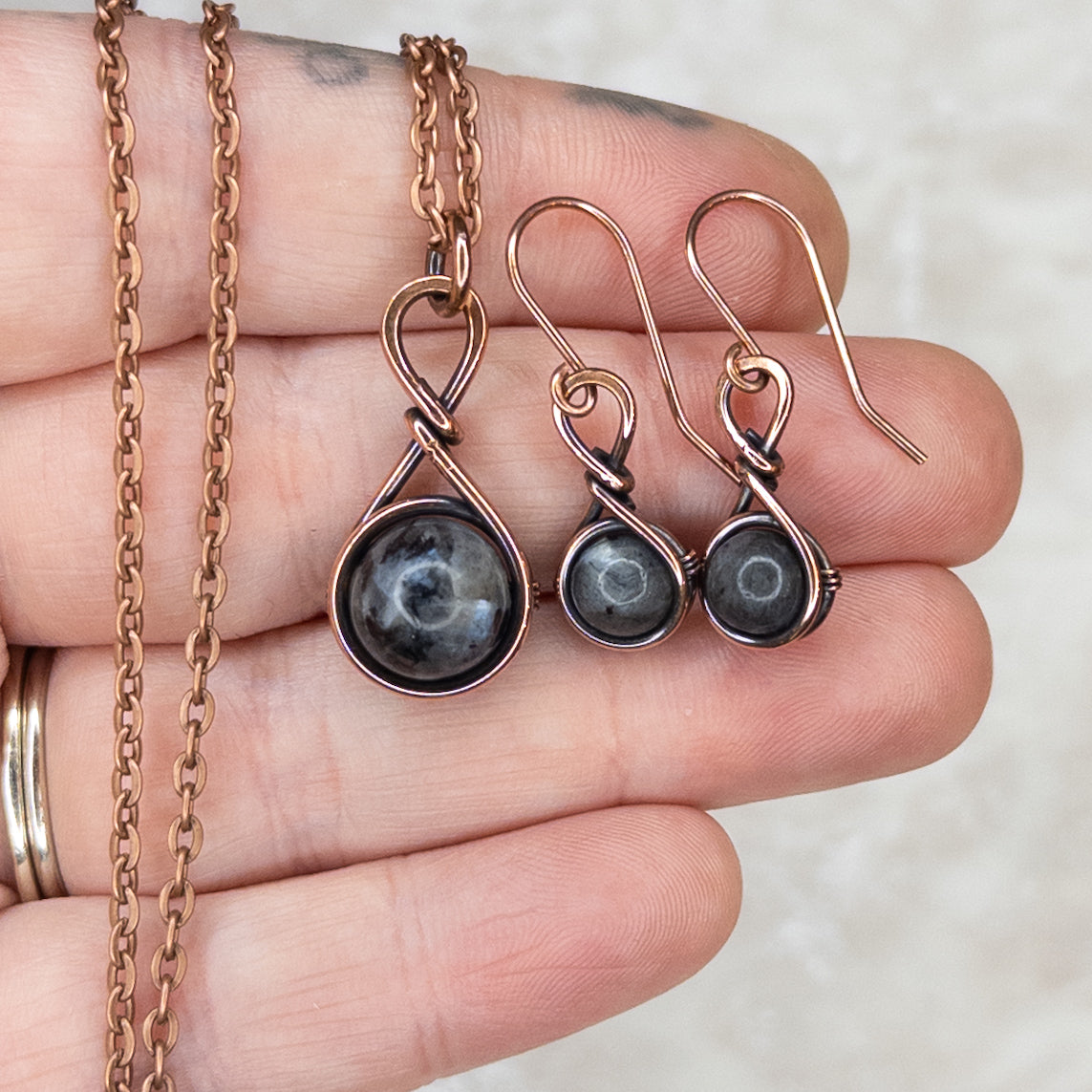 Drops Of Larvikite Antiqued Copper Necklace & Earring Set