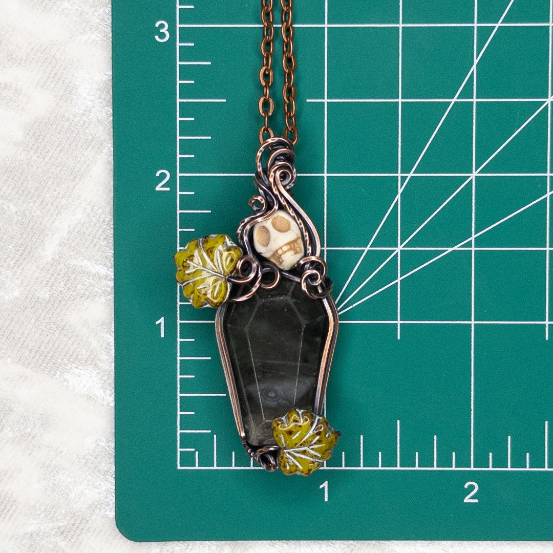 African Bloodstone Coffin & Skull Antiqued Copper Pendant With Czech Glass Leaves