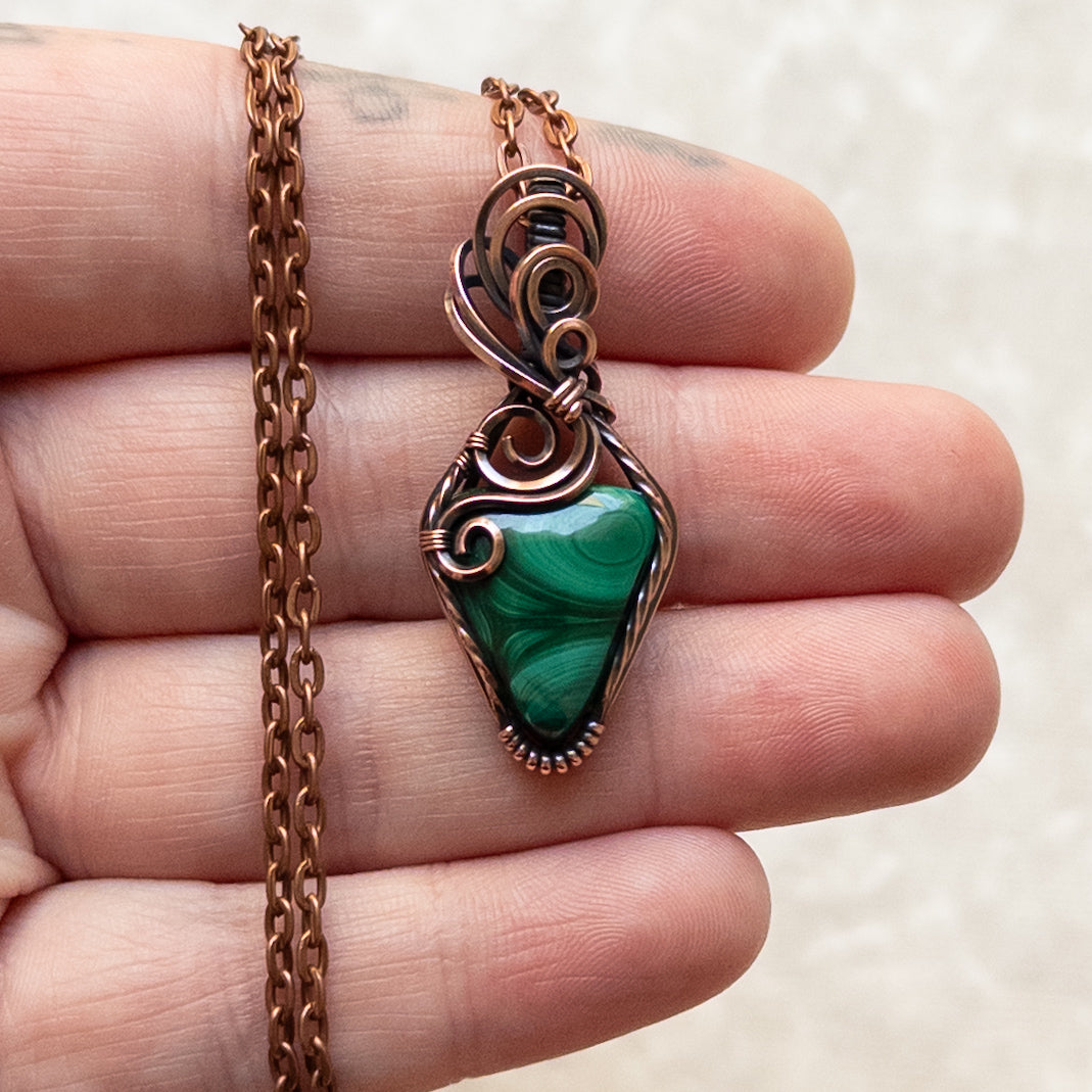 Dainty Malachite Antiqued Copper Pendant