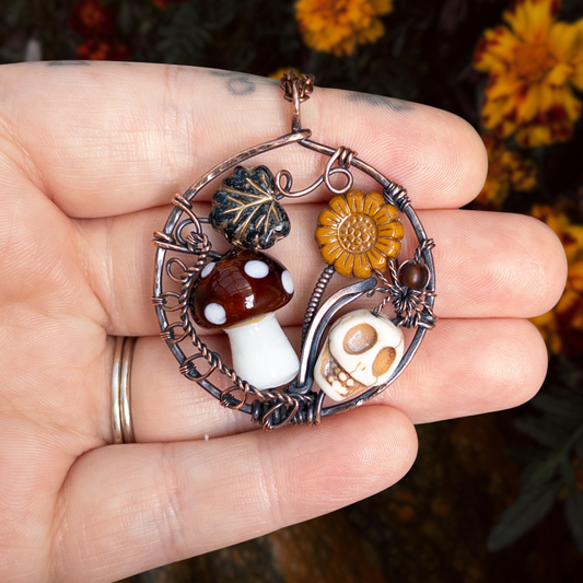 “Autumn Rest” Antiqued Copper Pendant With Czech Glass Botanical Beads, Lampwork Mushroom Bead, Stone Skull Bead, And Tiny Glass & Wire Spider
