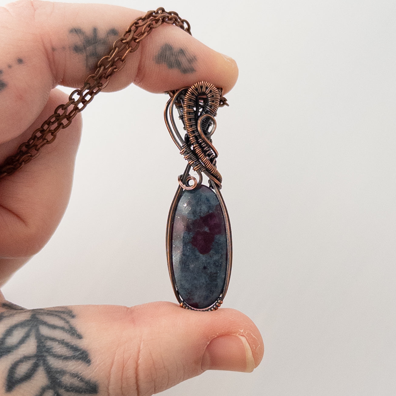 Ruby in Kyanite Copper Wrapped & Woven Pendant